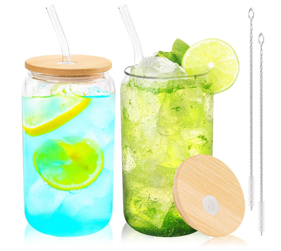 16oz Glass Can Cup with Bamboo Lid & Glass Straw