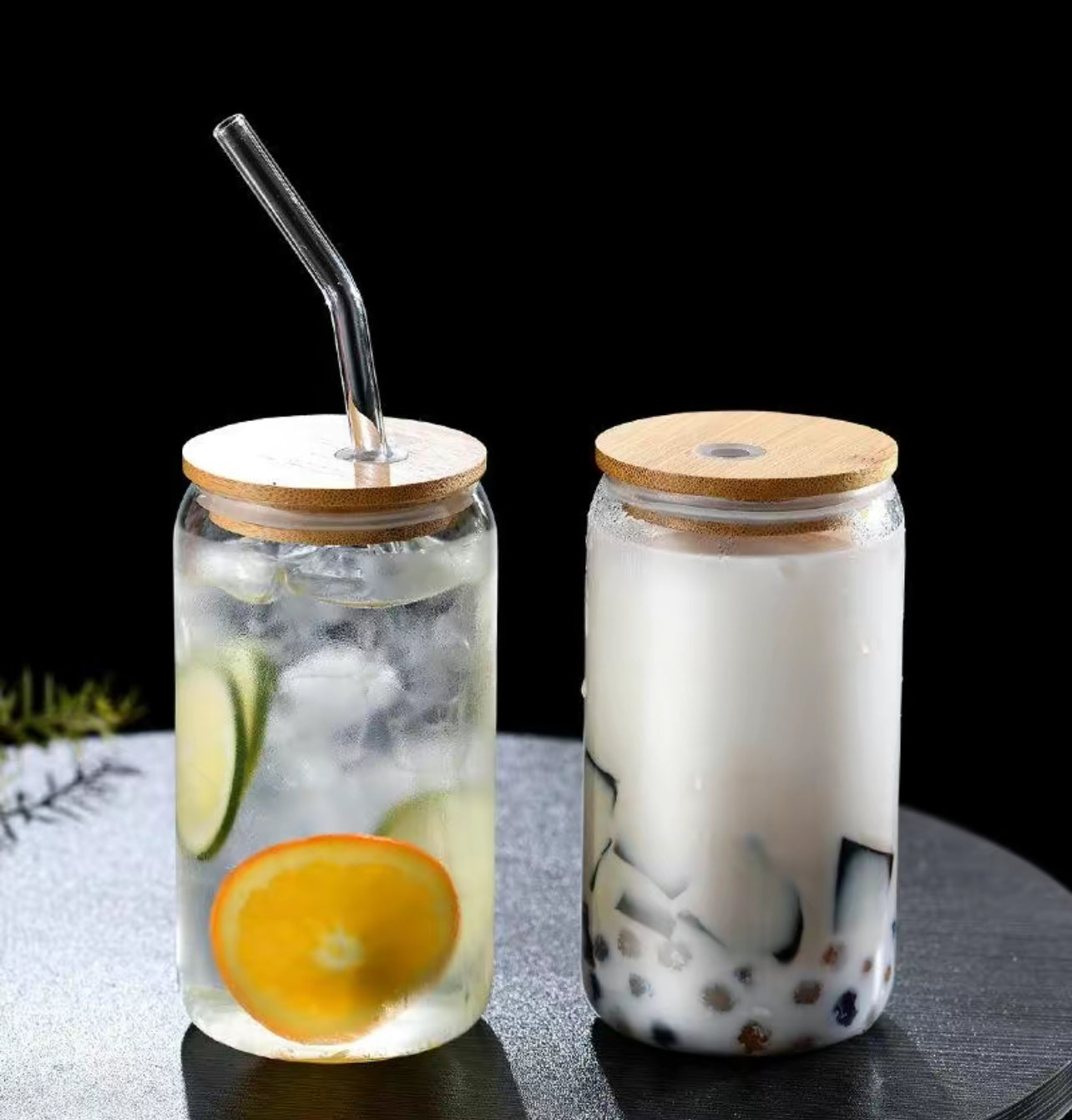 16oz Glass Can Cup with Bamboo Lid & Glass Straw